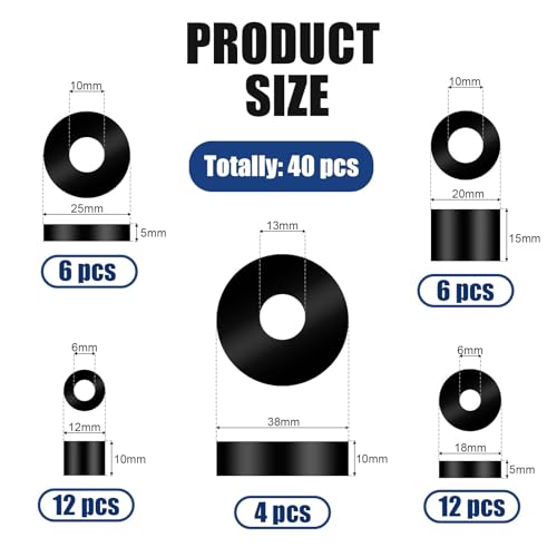 40 Pcs Thick Rubber Spacer 5 Sizes Multi Purpose Black Round Rubber Washers Anti Vibration Isolation Pads Bushings for Home Industrial Machinery Car Bolts Screws