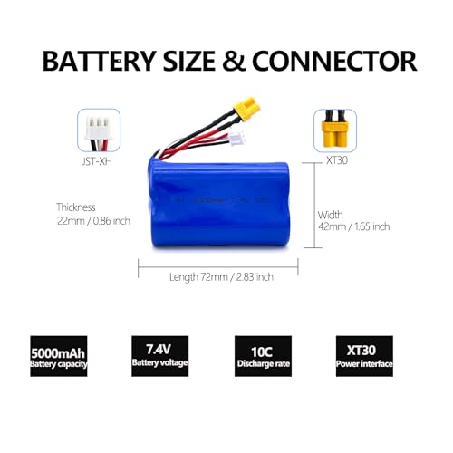 7.4V 5000mAh 2S XT30 JST-XH Plug Battery with USB Charger Cable Compatible with RADIOMASTER TX16S TX12 TX18S Radio Transmitter and RC Car, RC Truck RC Boat