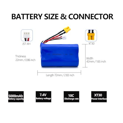 7.4V 5000mAh 2S XT30 JST-XH Plug Battery with USB Charger Cable Compatible with RADIOMASTER TX16S TX12 TX18S Radio Transmitter and RC Car, RC Truck RC Boat