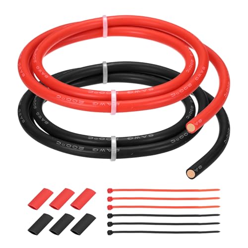 MECCANIXITY 8 Gauge Silicone Electrical Wire Cables, 8 AWG 3ft Black and 3ft Red Electrical Wires High Temp 600V 200C Flexible Stranded Tinned Copper Wires Automotive Cable with Accessories - size: 8 Gauge 1m/3ft