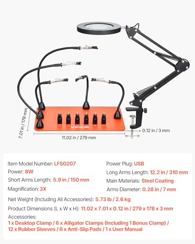 VEVOR Magnetic Helping Hands Soldering Station, 2-In-1 Third Hand Soldering Tool - 3X LED Magnifying Lamp & 5 Flexible Arms, 6 PCB Holders, Heavy-Duty Base Station for Electronic Repair Craft Hobby - style: 11*7in Large Base with Light and Holders