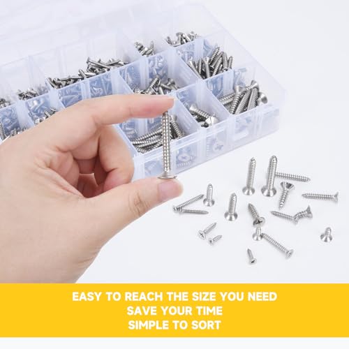 542PCS #4#6#8#10#12 Phillips Flat Head Screw Set Stainless Steel Wood Screws Assortment Kit, Assorted Sheet Metal Self Tapping Screws, 18-8(304) Stainless Steel (Flat Silver) - style: flat silver
