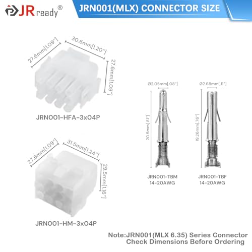 JRready ST6429 MLX Connector 12 Pin (4 Matched Sets), 2.13mm Diameter Sockets 14-20 AWG, Compatible with Molex MLX Power Connector, 6.35mm Pitch, Free Hanging - size: MLX 12Pin Connector