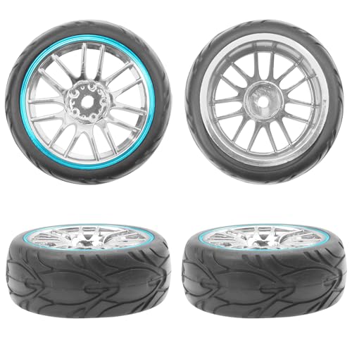 ShareGoo RC OD 2.59" Plastics 12mm Hex Wheels Rims & Rubber Tires Set 14-Spoke Compatible with Traxxas Tamiya Sakura HSP Kyosho WLtoys 1/10 RC On-Road Racing Touring Car (Blue) - color: Blue