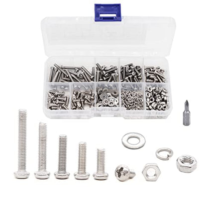 cSeao 420pcs M3 x 6mm / 8mm/ 10mm/ 12mm/ 16mm/ 20mm Pan Head Machine Screws Washers Hex Nuts Assortment Kit, Phillips Drive, 304 Stainless Steel - size: M3