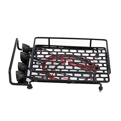 Large Size Roof Rack Luggage Carrier with LED Light Round, RC Roof Rack for Axial SCX10 1/10 Scale RC Crawler Car, Metal RC Roof Rack with 4 LED Lights, Remote Control Function, Du (White Light)