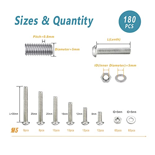 KADRICK 180PCS M5 Screw Kit,Hex Socket Button Head M5 Bolts 8mm-30mm | 304 Stainless Steel,M5 Screws Nuts Washers Kit with 1 Hex Allen Wrench - size: SS M5 180Pcs 10-30mm