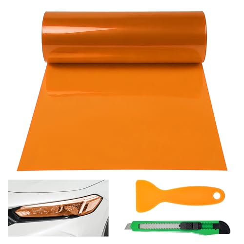 Car Light Tint Film, 12" × 48" Waterproof Headlight Vinyl Wrap Film Includes Squeegee & Cutter, Self-Adhesive Air-Release Wrap for Fog Lights, Taillights, and Headlights (Orange) - color: Orange