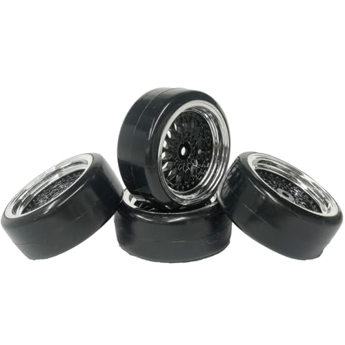 4PCS 1/10 RC Drift Car Tires Smooth Hard Tyre Plastic Plating Wheel Rims Set Replacement for HSP Tamiya HPI Kyosho On-Road Drifting Car (Black Silver) - color: Black Silver
