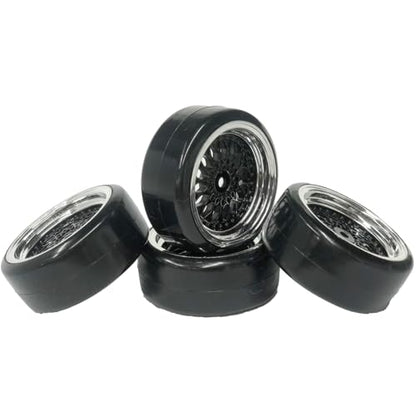 4PCS 1/10 RC Drift Car Tires Smooth Hard Tyre Plastic Plating Wheel Rims Set Replacement for HSP Tamiya HPI Kyosho On-Road Drifting Car (Black Silver) - color: Black Silver