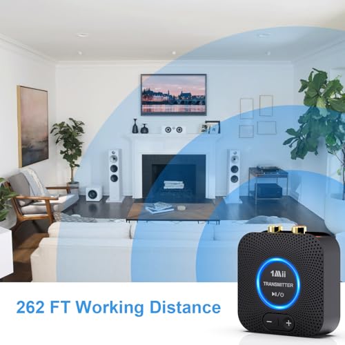 1Mii 2.4GHz Wireless Audio Transmitter Receiver Set (1 TX+1 RX) for TV, 262Ft/80M Long Range 25ms Low Latency with AUX RCA in/Out, Wireless Audio Adapter for TV PC Powered Speaker Amplifier Soundbar