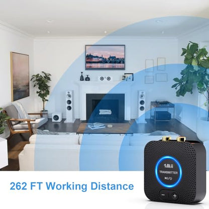 1Mii 2.4GHz Wireless Audio Transmitter Receiver Set (1 TX+1 RX) for TV, 262Ft/80M Long Range 25ms Low Latency with AUX RCA in/Out, Wireless Audio Adapter for TV PC Powered Speaker Amplifier Soundbar