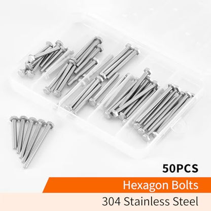 M4 x 30mm 35mm 40mm 45mm 50mm Heavy Duty Hexagon Bolts Hex Head Screws, 304 Stainless Steel, Metric Machine Fully Threaded, Bright Finish, Assortment Kit 50PCS - size: M4 x 30/35/40/45/50mm (50PCS)