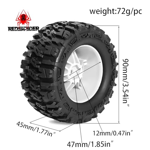 REDSPIDER 1/14 RC Monster Truck Wheel Rim Tires (4pcs) Hex 12mm OD 3.54'' for 1/12 1/14 1/16 RC Off Road Monster Truck TRX E-REVO Summit HPI SAVAGEGT-2XS REDCAT Volcano-16 (White) - color: White