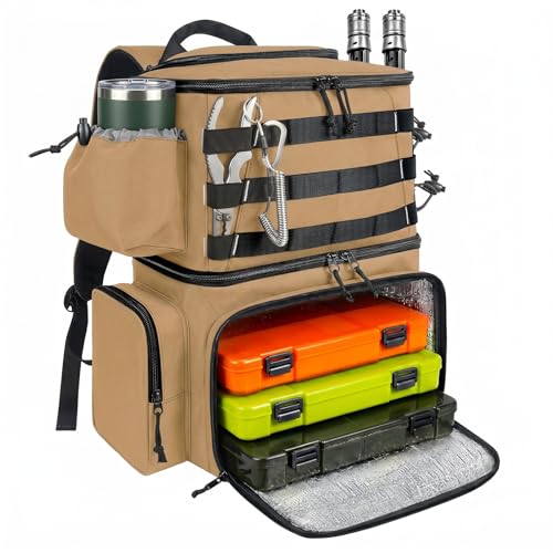 MATEIN Fishing Backpack, Tackle Storage Bag with Rod Holders & Cooler | Water Resistant Fishing Bag Fits 4 3600 Trays, Large Wide Open Tackle Box Backpack, Gifts for Fishermen - color: Khaki