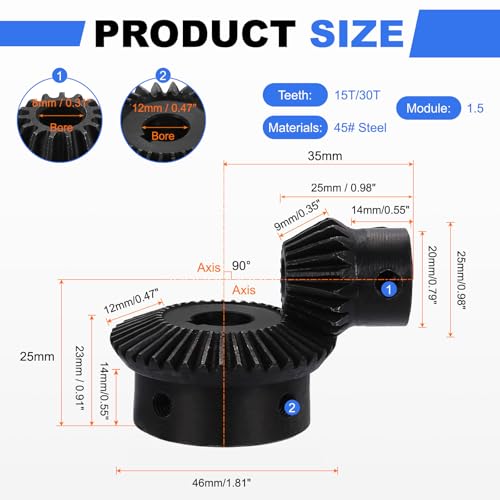 uxcell 2Pcs Tapered Bevel Gears Set, 1.5 Mod 1:2 (15T/30T) Harden Steel Straight Bevel Gear, 90 Degree Steering Motor Gears, (8/12mm Shaft Hole with Keyway) - size: 8/12mm