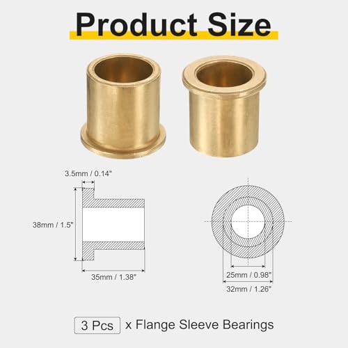uxcell 3Pcs Flange Sleeve Bearings, 25mm Bore x 32mm OD x 35mm Length, Self-Lubricating Sintered Bronze Bushings - size: 25mm Bore x 32mm OD x 35mm Length