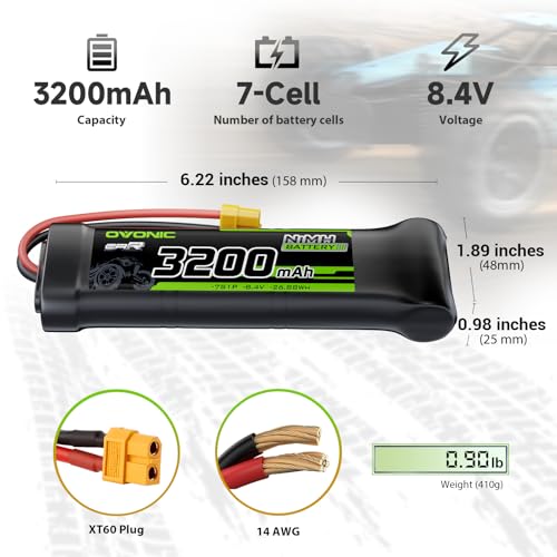 OVONIC 8.4V Flat NiMH Battery 3200mAh 7 Cell RC Battery with XT60 and TRA Connector