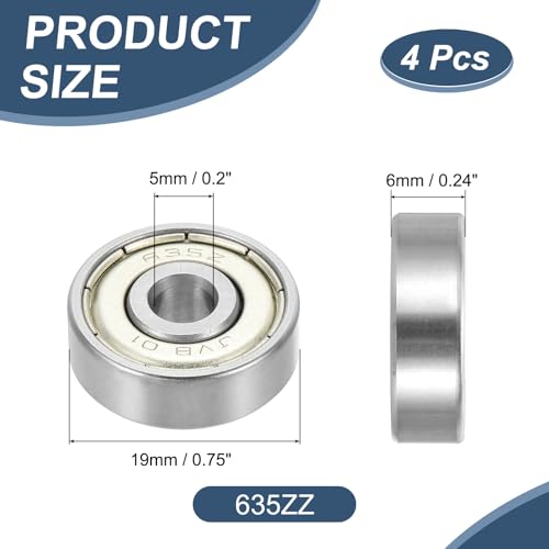 uxcell 4 Pack 635ZZ Deep Groove Ball Bearings, 5x19x6mm Chrome Steel Double Shield Bearing for Electric Motor, Home Appliances, Garden Machinery, (ABEC5) - size: 635ZZ