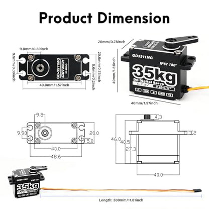 GOTECK 35KG Digital Servo,Large Torque 8.4V Full Metal Gear IP67 Waterproof Steering Servo with 25T Servo Horn for 1/8 1/10 1/12 RC Crawler Car,Robot,Boat,Truck Robot Parts (35KG(8.4V)-180°)