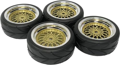 4PCS 64mm Rubber Tires and Plastic Wheel Rims Set 12mm Hex Replacement Part for Sakura Tamiya TT02 HPI HSP Kyosho 1/10 RC On Road Run-flating Touring Racing Car Tyre(Gold Silver,Offset:6MM) - color: Gold Silver, size: Offset:6mm
