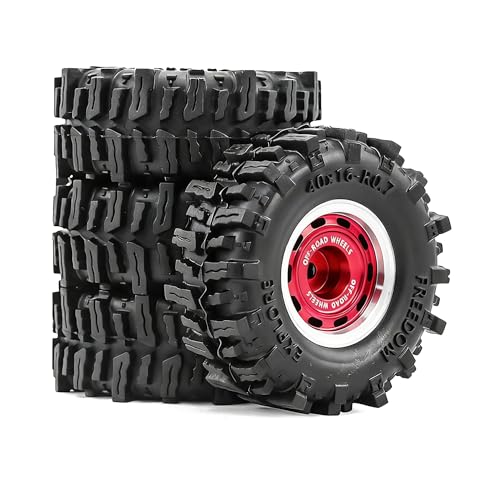 0.7” Wheel & Mud Terrain Tire Set for 1/30 RC Crawler, -1.00mm Offset, Axial SCX30 & Redcat Ascent-32, CNC Aluminum Rims, 5mm Hex, Shims Screwdriver Included, Pre-Assembled, 4 pcs, Red - color: Red, size: Loose-dirt-mud-bite