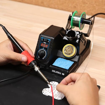 926LED V1 110W High-Power Soldering Station Iron Kit in Black with Temperature Control includes Lead-Free Solder, 6 Soldering Tips, ESD-Safe Tweezers, Solder Wire Dispenser, Tip Cleaner - color: Black