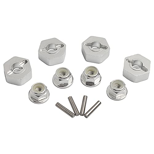 12mm Wheel Hex Hubs Drive Adapter 5mm Thick & Flange M4 Lock Nuts Aluminum for Redcat Axial HSP WLtoys Himoto RC Truck Model Car Upgrade Parts (Silver) - color: Silver