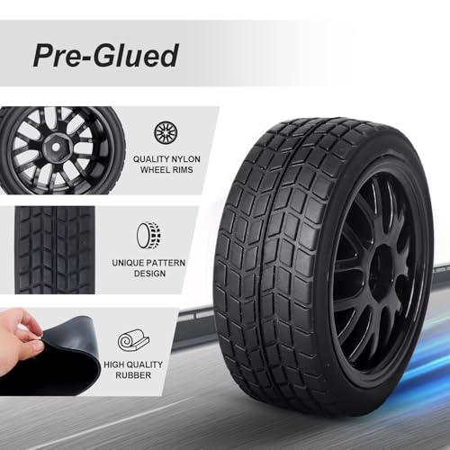 HobbyPark Glued 1/10 On-Road RC Touring Tires and Wheels Set for 1/18 Traxxas Latrax Teton 4 Tec 2.0 3.0 Tamiya TT02 TT01 Brushless (4-Pack) (Color C) - color: Color C