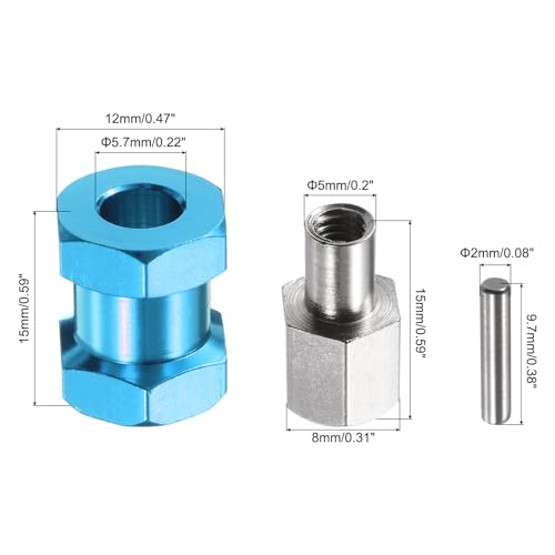 MECCANIXITY 4pcs 12mm Wheel Hex Drive Hubs Adapter Combiner Coupler, Aluminum 15mm Extension with Nut Latch for 1/10 RC Crawler Car Parts, Blue