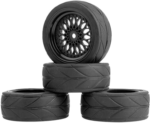 4PCS 64mm Rubber Tires and Plastic Wheel Rims Set 12mm Hex Replacement Part for Sakura Tamiya TT02 HPI HSP Kyosho 1/10 RC On Road Run-flating Touring Racing Car Tyre(Black,Offset:9MM) - color: Black, size: Offset:9mm