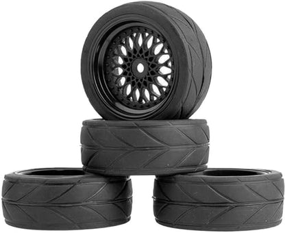 4PCS 64mm Rubber Tires and Plastic Wheel Rims Set 12mm Hex Replacement Part for Sakura Tamiya TT02 HPI HSP Kyosho 1/10 RC On Road Run-flating Touring Racing Car Tyre(Black,Offset:9MM) - color: Black, size: Offset:9mm