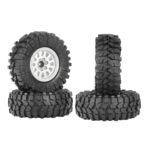 4PCS 1.3" Aluminum Alloy Beadlock Wheel Rims All-Terrain Tyre 70mm Rubber Tires Set with 5mm & 7mm Hex for 1/12 1/14 1/18 1/24 RC Rock Crawler Car Upgrade Parts (C-Silver) - color: C-silver