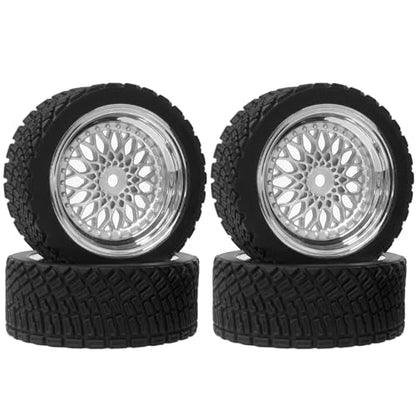 4PCS 65mm RC Rally Car Rubber Tires and Plastic Plating Wheel Rims Set 12mm Hex for 1/10 RC On-Road Rally Drift Racing Car for HSP Tamiya Sakura HPI WR8 HSP TT02 WLtoys (Silver) - color: Silver