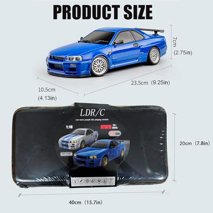 FLYCOLOR LD1899 1/18 RC Drift Car GTR R34 2.4GHz RWD with Gyroscope on-Road Alloy Body Shell Racing Cars Radio Control (Blue) - color: Blue
