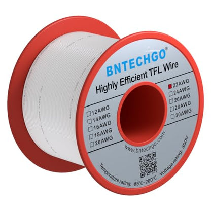 BNTECHGO 22AWG FEP Teflon Coated Wire White 100ft Tin-Plated Copper | 22 Gauge Strands Wire High-Temp FEP Insulation, -65°C to 200°C Rated, Aerospace Wiring, Medical Wiring, Scientific Equipment - size: 100ft White