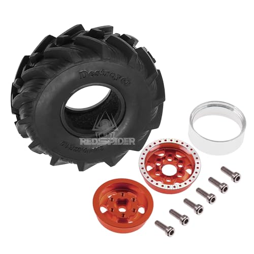 REDSPIDER 1.0 Beadlock Wheels and MUD Tires Set for 1/24 1/18 RC Crawler Car SCX24 TRX4M FCX24M FCX18 TRX4M UTB18 (Red) - color: Red
