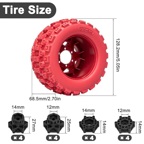 LRFHL MX28 F/R 2.8" RC Monster Truck Tires and Wheels 4PCS, Red | 12mm/14mm Hex Adapter, 1/10 RC Monster Truck, Compatible with Traxxas Stampede Rustler Redcat Arrma Vorteks Big Rock Granite - color: Red Tires+ Red Hex Wheel-3