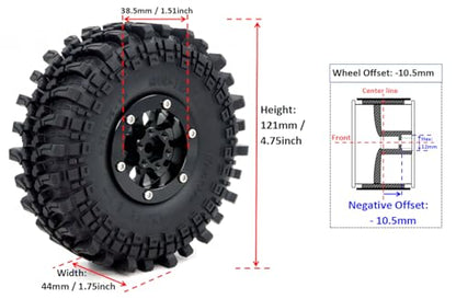 HOBBYSOUL 4pcs -10.5mm Negative Offset 1.9 Beadlock Wheels and Tires, 121mm Tall 1.9'' tyre and Rims for 1/10 RC Mud Crawler SCX10 TRX4 Gen8 Upgrades - color: Black