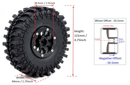 4pcs -10.5mm Negative Offset 1.9 Beadlock Wheels and Tires, 121mm Tall 1.9'' tyre and Rims for 1/10 RC Mud Crawler SCX10 TRX4 Gen8 Upgrades - color: Black