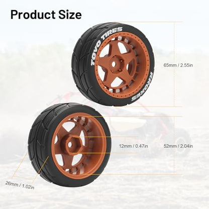 1/10 RC On Road Wheels and Tires, daitoku 12mm Hex RC Rally Racing Car Tires for HPI Ken Block's Tamiya XV01 TT01 TT02B Kyosho FAZER MK2 Lc Racing PTG HSP RGT RC 3RACING D5 (Orange) - color: Orange