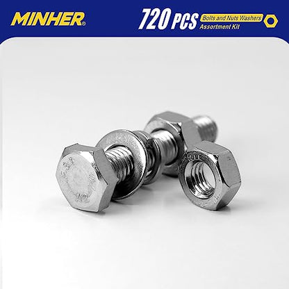 MINHER 720PCS M4 M5 M6 Bolts and Nuts Assortment Kit 304 Stainless Steel(18-8) Hex Screws Nuts & Washers, Includes 15 regular sizes