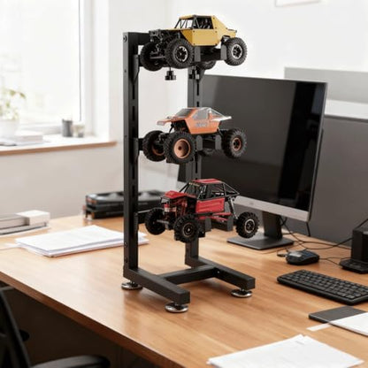 Multilayer Storage Rack Shelf Display Stand for RC Model Cars | Quick assembly, multi-scale fits for 1/10-1/24 TRX4 SCX10 TRX4M SCX24, expandable side holes for hanging RC tools - size: 7.87" x 9.45" x 23.62"