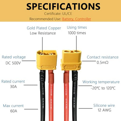 Amass XT60 Connector Plug Cable - Female and Male Connectors Adapter with 12AWG 100mm Silicone Wire for RC Lipo Battery Cable Drone Car Boat (10PCS)