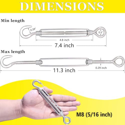 Turnbuckle Lsqurel 10PCS 304 Stainless Steel Turnbuckle Hook and Eye Heavy Duty M4 M6 M8 M10 Tensioner Adjustable Shade Sail Hardware for Tightening up Metal Cable Wire 5/32 1/4 5/16 3/8 - style: M8 - 10pcs