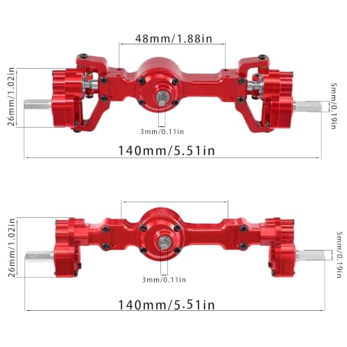 Metal Front & Rear Portal Axle Assembly Set for WPL C14 C24 B14 B24 B16 B36 C64 C64-1 C74 C74-1, Aluminum Axle Housing with Steel Gears, Steering Cups Tie Rods, 5mm RC Upgrade Parts (Red) - color: Red
