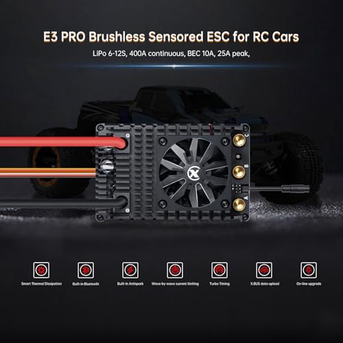 XC E3Pro Sensored Electric Brushless Motor Controller for RC Car, 6-12S Lipo,400A Continuous Current,10-25A、6.0/7.4/8.4V BEC,Applicable to 1/5,Support Turbo Timing and APP Control - size: E3Pro