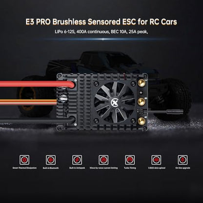XC E3Pro Sensored Electric Brushless Motor Controller for RC Car, 6-12S Lipo,400A Continuous Current,10-25A、6.0/7.4/8.4V BEC,Applicable to 1/5,Support Turbo Timing and APP Control - size: E3Pro