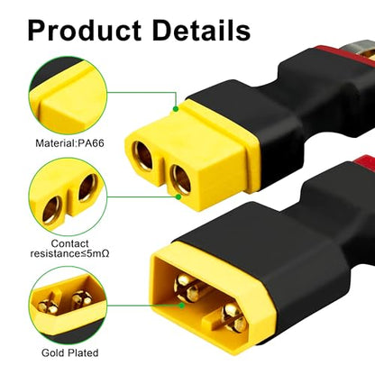 XT60 to T Plug Adapter, 4PCS (2 XT60 Female to T Male & 2 XT60 Male to T Female) High Conductivity Connector for FPV Drone, RC Car, LiPo Battery Charger, ESC