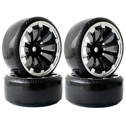 RC Plastic Wheel and Tire Set,WONFAST RC Drift Car 63mm Hard Tyres 12mm Hub Wheel for 1/10 On-Road Drifting Car Parts for HSP Tamiya HPI Kyosho TT02(Black Silver) - color: Black Silver